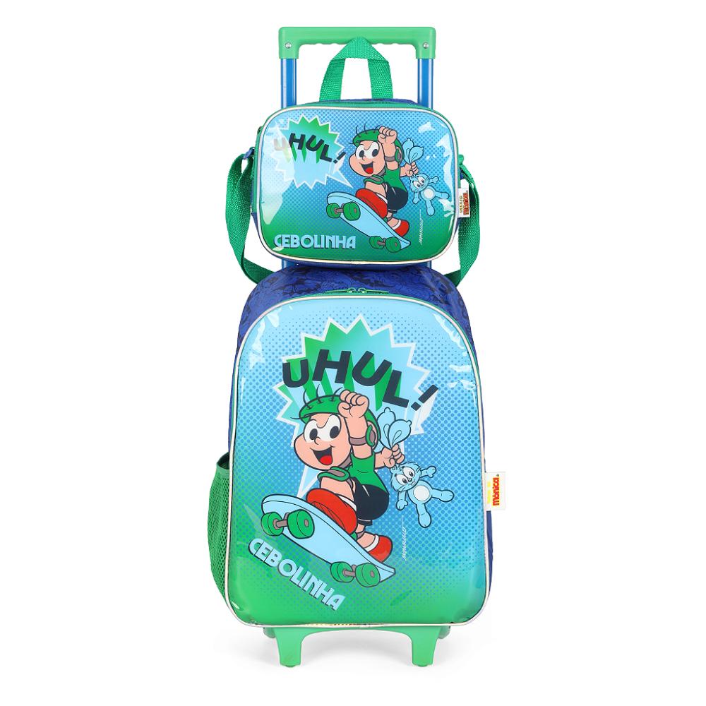 Kit Mochila Rodinhas Lancheira Luxcel Turma da Mônica Verde