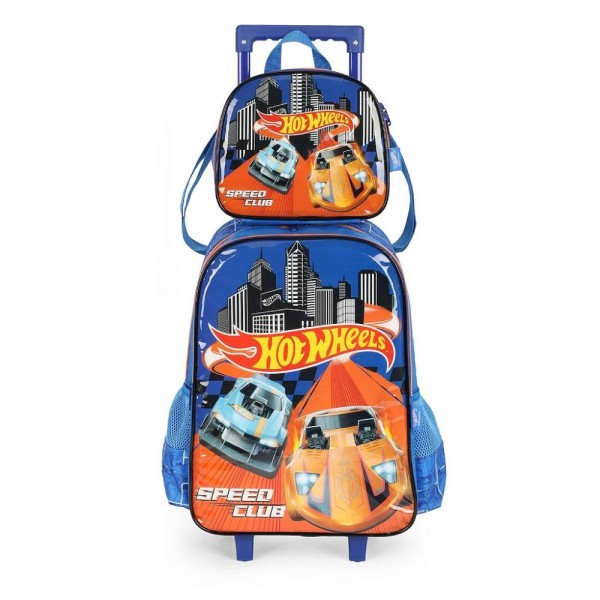 Kit Mochila Rodinhas Lancheira Luxcel Hotwheels Azul Speed