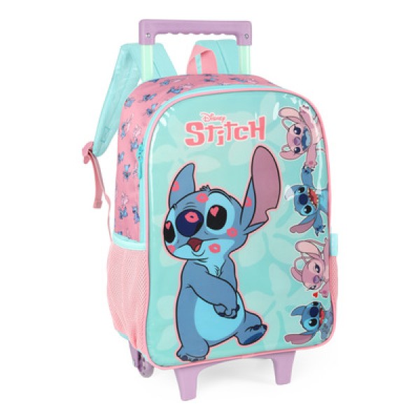 Encontraproduto.com.br - Mochila Com Rodinha Stitch E Angel Verde Luxcel