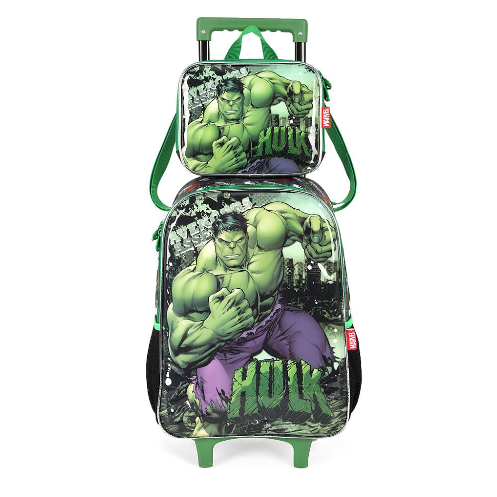 Encontraproduto.com.br - Kit Mochila de Rodinhas Lancheira Luxcel Avengers Hulk Verde