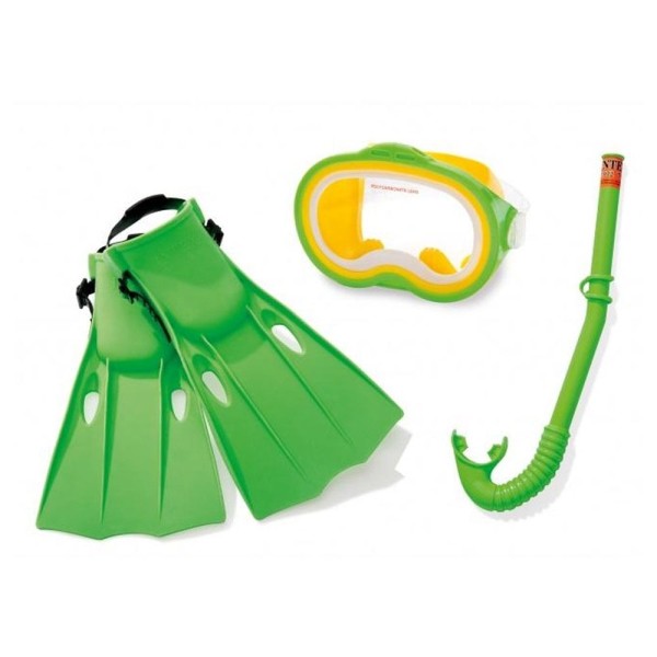 Encontraproduto.com.br - Kit Mergulho Mascara Snorkel e Pe De Pato Play Master Verde Adulto Intex 55955