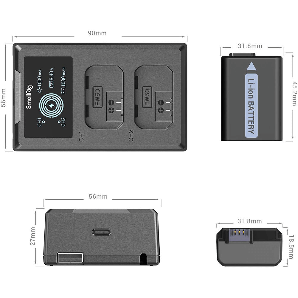 Encontraproduto.com.br - Kit SmallRig 3818 2x Baterias NP-FW50 e Carregador Duplo (Bivolt)
