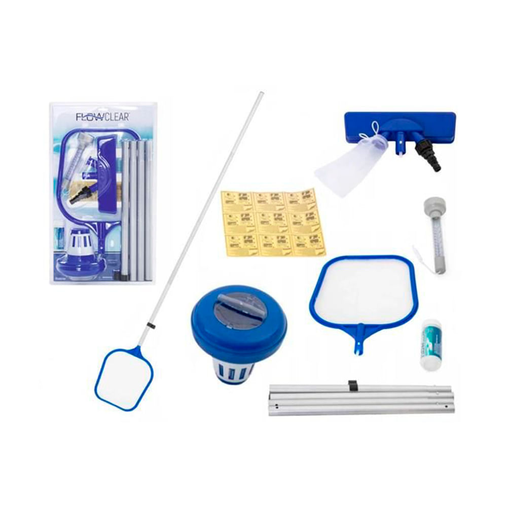 Conjunto de Acessórios de Piscina c/ 1 Kit de Manutenção + 1 Flutuador Químico + 1 Indicador de PH + Adesivo de Reparo B