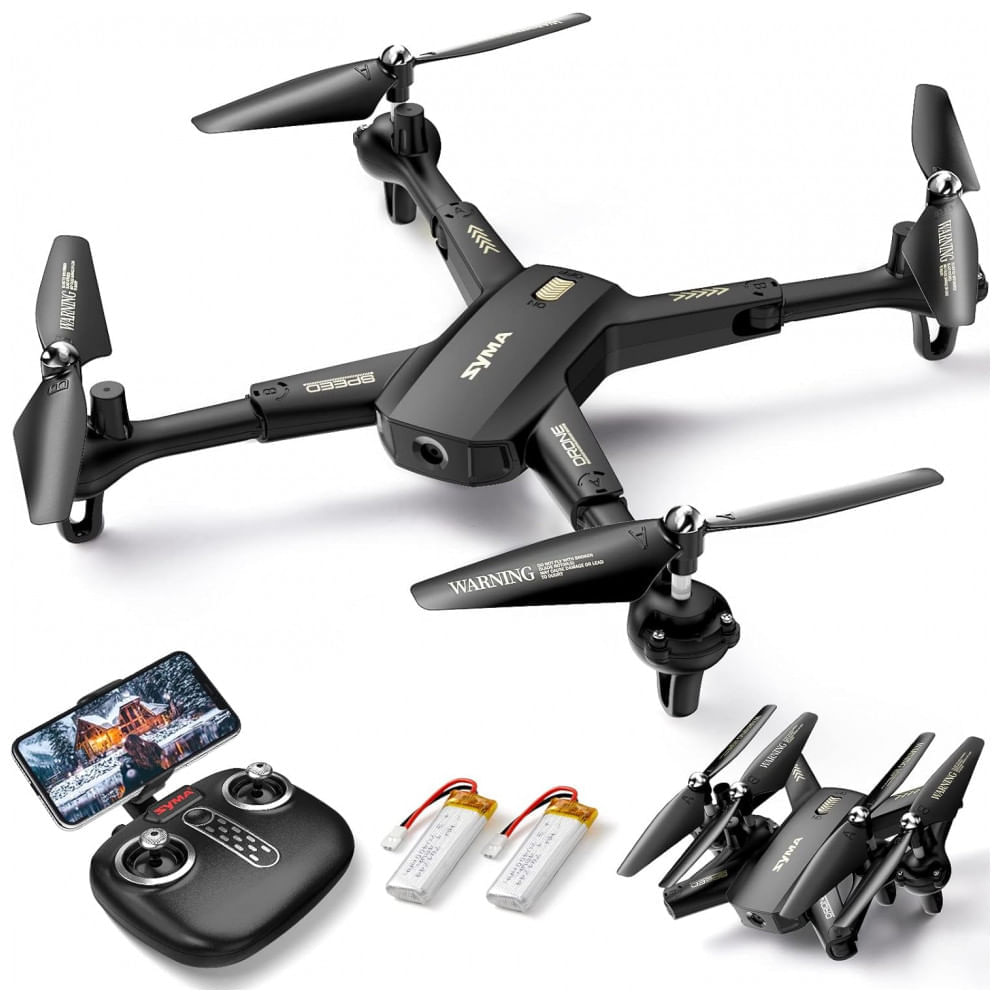 Drone Profissional com Câmera 1080P FPV, Controle Remoto e 2 Baterias para Adultos, SYMA, Preto