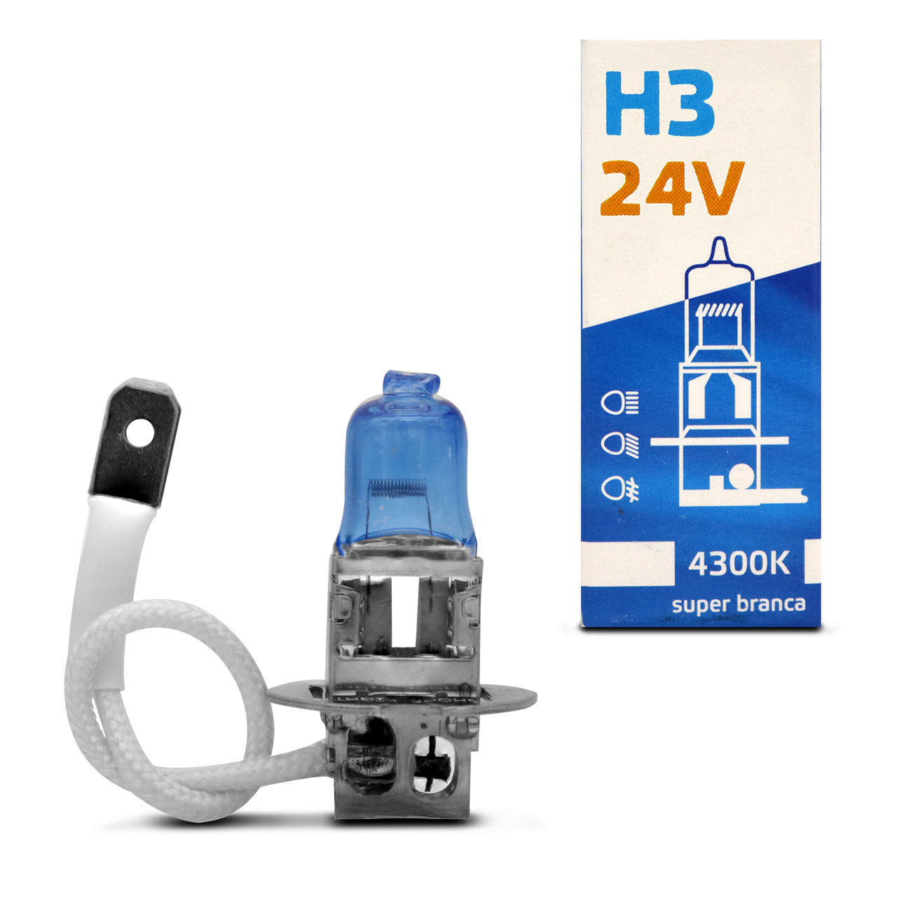 Lâmpada Super Branca H3 4300K 70W 24V Efeito Xênon Aplicação Farol Caminhão