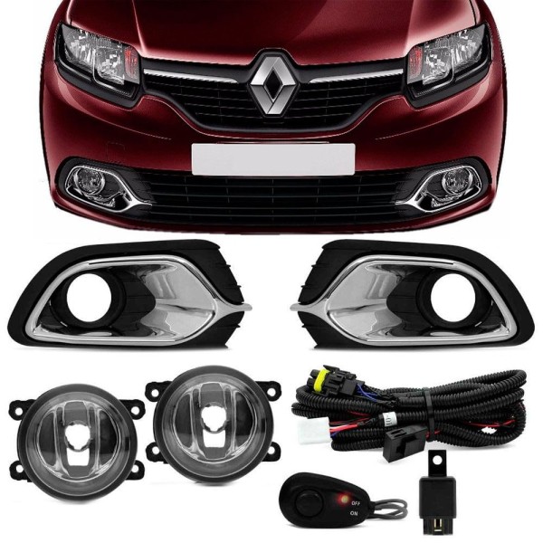 Kit Farol de Milha Renault Logan 2015 Moldura Cromada Botão Universal Shocklight