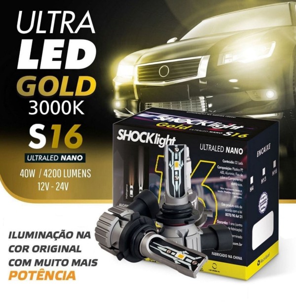 Encontraproduto.com.br - Lâmpada Ultraled S16 Nano Gold H4 3000K 4200Lm Shocklight (Par)