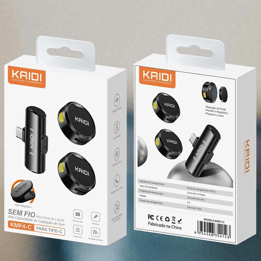 Encontraproduto.com.br - Sistema Microfone Duplo Kaidi KMF4-C Wireless USB-C para Smartphones