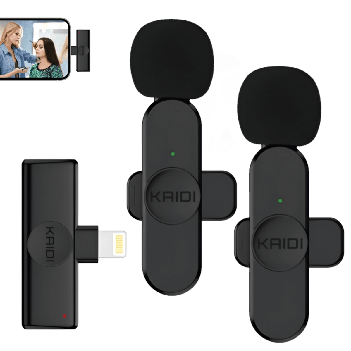 Encontraproduto.com.br - Sistema Microfone Duplo Kaidi KMF6-A Wireless Lightning para Smartphones