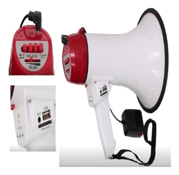 Encontraproduto.com.br - Megafone Com Microfone Sirene Usb Sd Gravador Led 30w Profissional Mp3 Recarregavel
