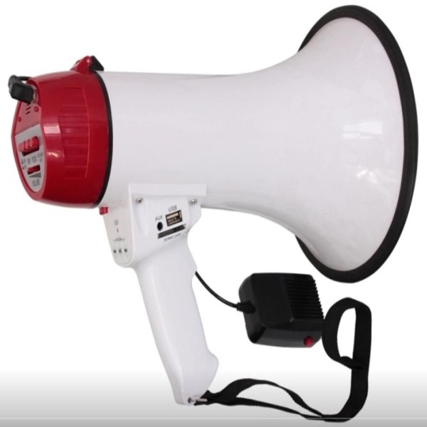 Encontraproduto.com.br - Megafone Com Microfone Sirene Usb Sd Gravador Led 30w Profissional Mp3 Recarregavel