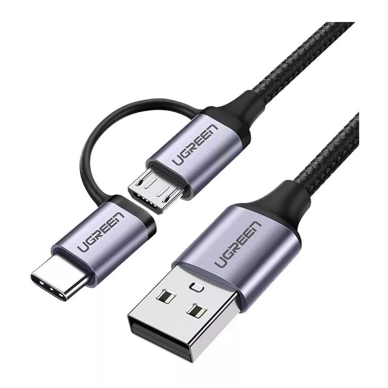 Encontraproduto.com.br - Cabo USB Ugreen Para Micro + USB-C 1.0m Nylon Us177 Preto (MP)