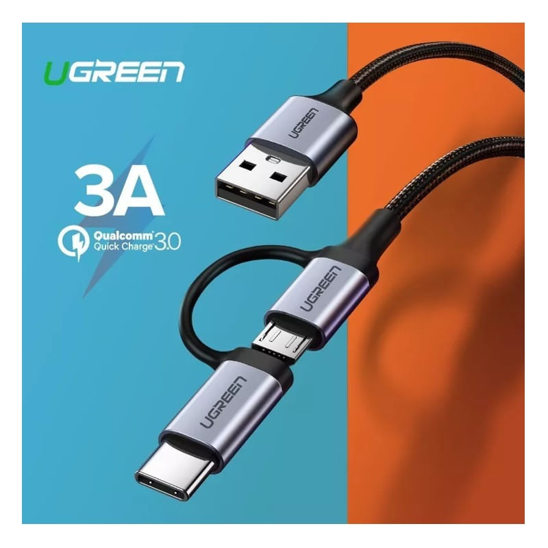 Encontraproduto.com.br - Cabo USB Ugreen Para Micro + USB-C 1.0m Nylon Us177 Preto (MP)