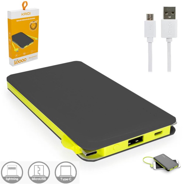 Carregador Portátil Kaidi Power Bank 10.000mah 3 Saídas