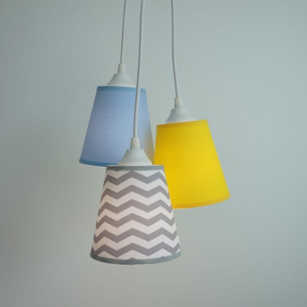 Encontraproduto.com.br - Lustre Pendente Triplo Chevron Cinza, Azul E Amarelo Bivolt