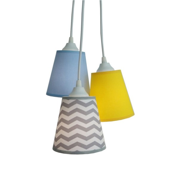 Encontraproduto.com.br - Lustre Pendente Triplo Chevron Cinza, Azul E Amarelo Bivolt