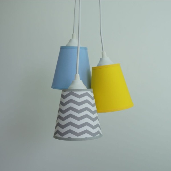 Encontraproduto.com.br - Lustre Pendente Triplo Chevron Cinza, Azul E Amarelo Bivolt