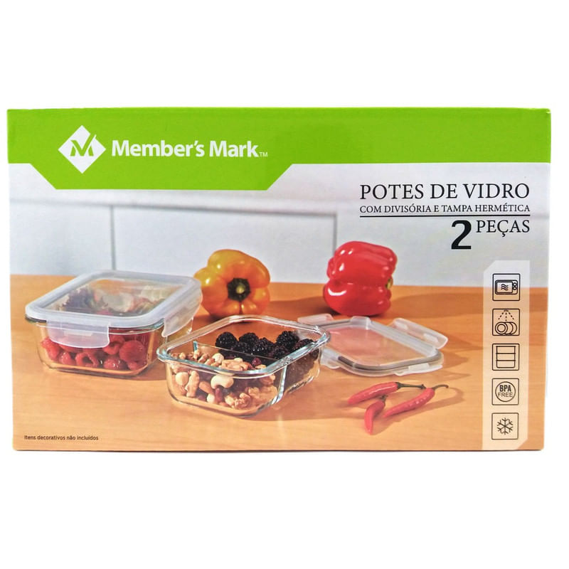 Encontraproduto.com.br - Conjunto de Potes de Vidro com Divisória e Tampa Hermética Members Mark com 2 Peças