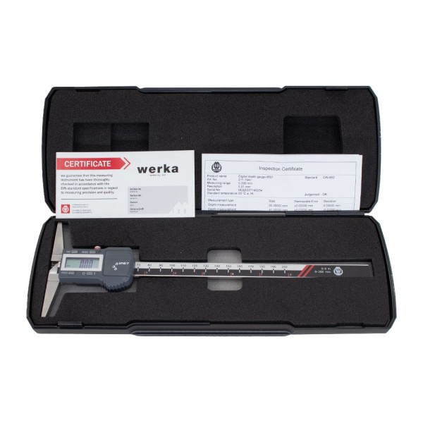 Encontraproduto.com.br - Paquímetro digital de profundidade 0-200mm/8’’ IP67 resolução 0.01mm/0.0005’’ base de 100mm precisão 0.03mm DIN862 Werka 211-7947