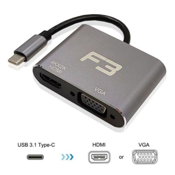 Encontraproduto.com.br - Cabo Adaptador 2 Em 1 Usb C 3 1 Type C Para Hdmi 4k E Vga Jc
