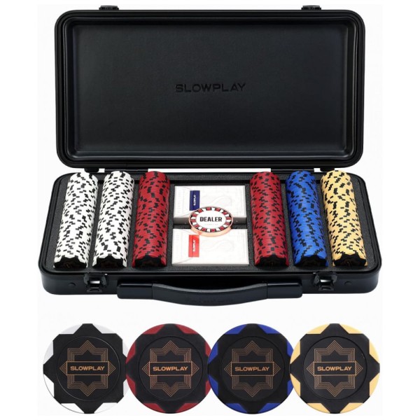 Encontraproduto.com.br - Maleta de Poker com Detalhes em Branco e 300 Fichas sem Numeração para Texas Holdem 14g, SLOWPLAY, Preta