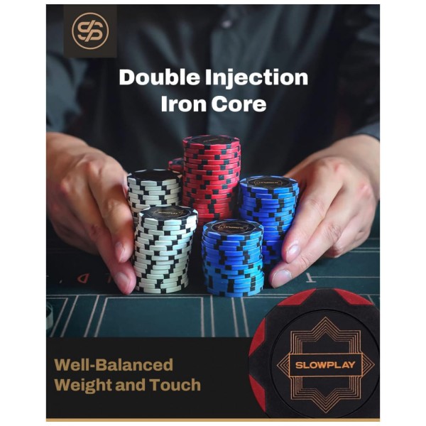 Encontraproduto.com.br - Maleta de Poker com Detalhes em Branco e 300 Fichas sem Numeração para Texas Holdem 14g, SLOWPLAY, Preta