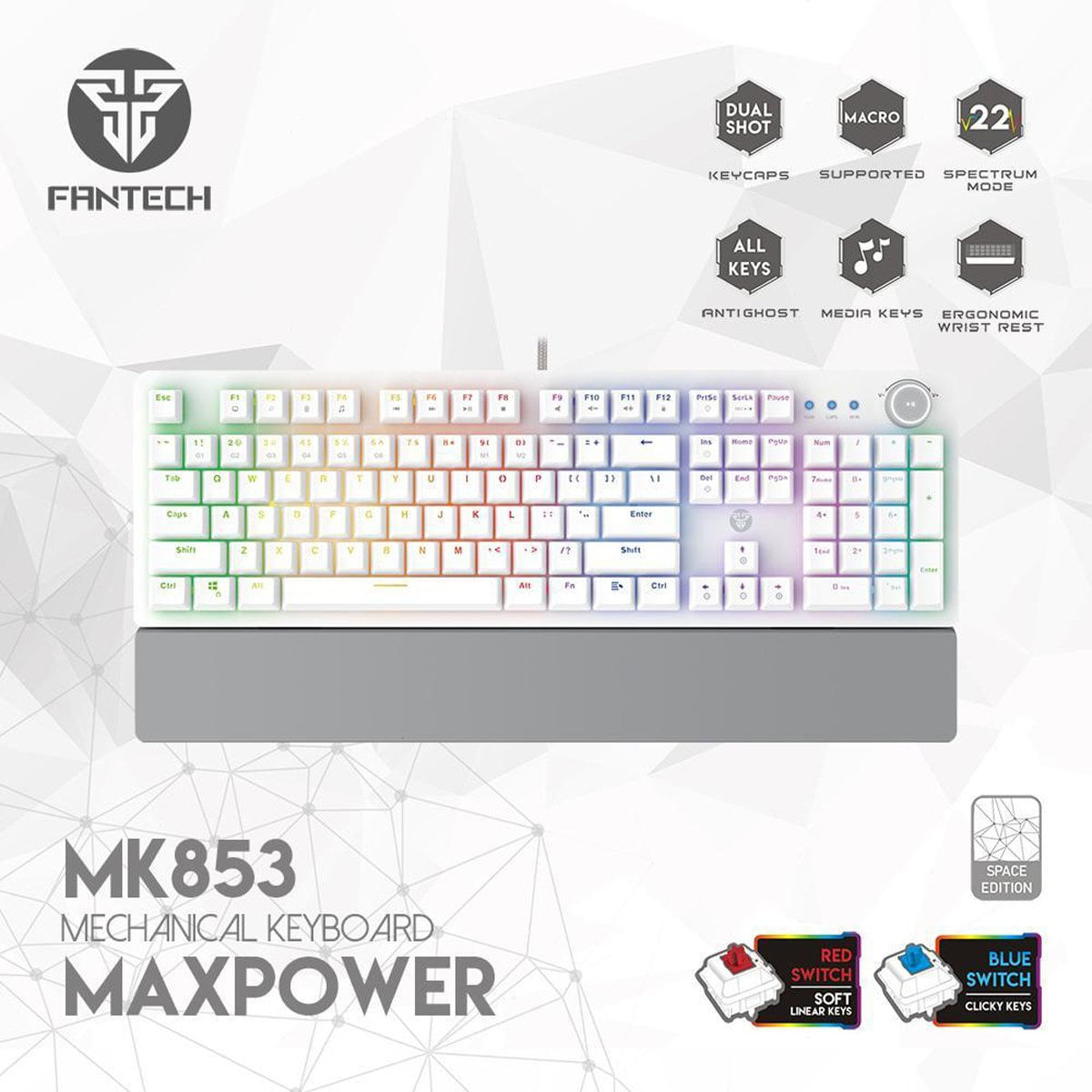 Encontraproduto.com.br - Teclado USB Gamer Mecanico Maxpower Space Edition MK853 RGB Branco - Fantech