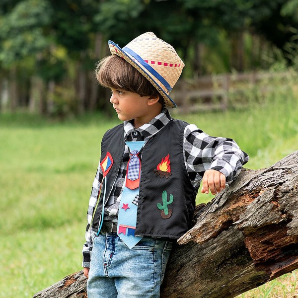 Encontraproduto.com.br - Colete Infantil Junino Preto com Apliques Feltro e Forro Xadrez