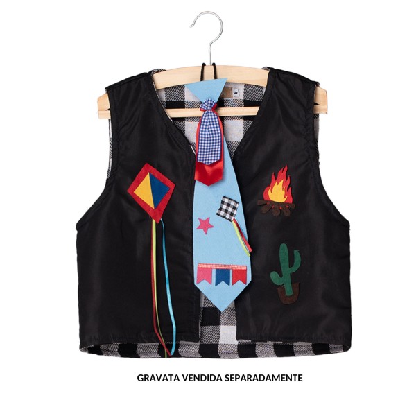 Encontraproduto.com.br - Colete Infantil Junino Preto com Apliques Feltro e Forro Xadrez