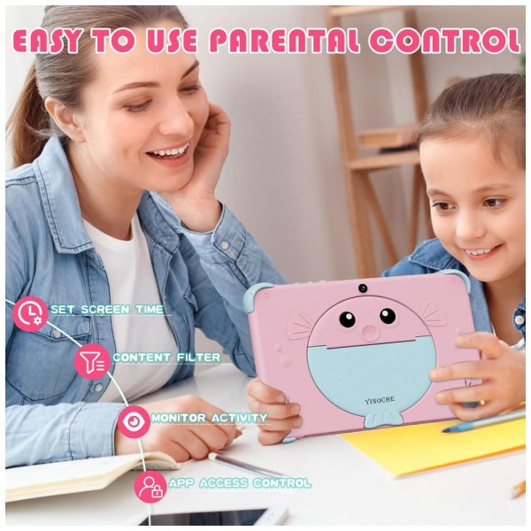Encontraproduto.com.br - Tablet Infantil 10 Android com Controle de Pais, WiFi e Câmera Dupla, 32 GB, YINOCHE, Rosa