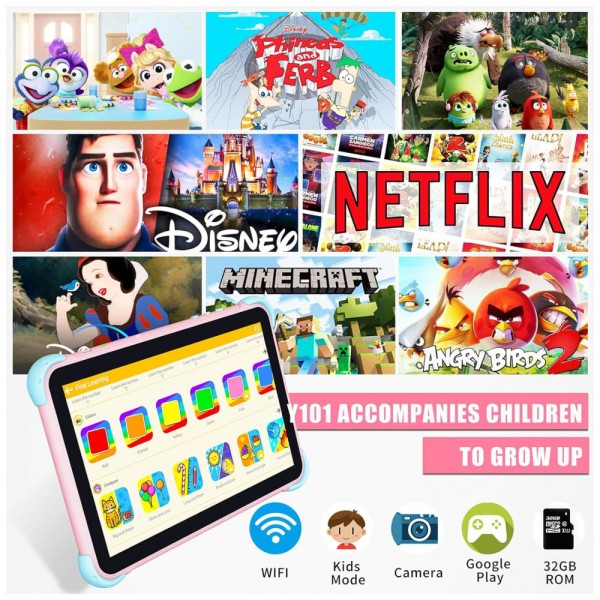 Encontraproduto.com.br - Tablet Infantil 10 Android com Controle de Pais, WiFi e Câmera Dupla, 32 GB, YINOCHE, Rosa