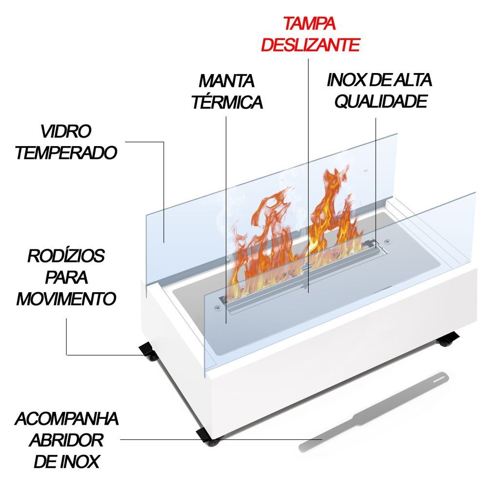 Encontraproduto.com.br - Lareira Ecológica Completa Aquecedor Armação de Madeira Com Vidro Temperado e Rodízio Manta Térmica