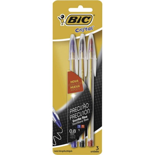 KIT CANETA BIC CRISTAL FINA C/3UN ENCART 3 CORES