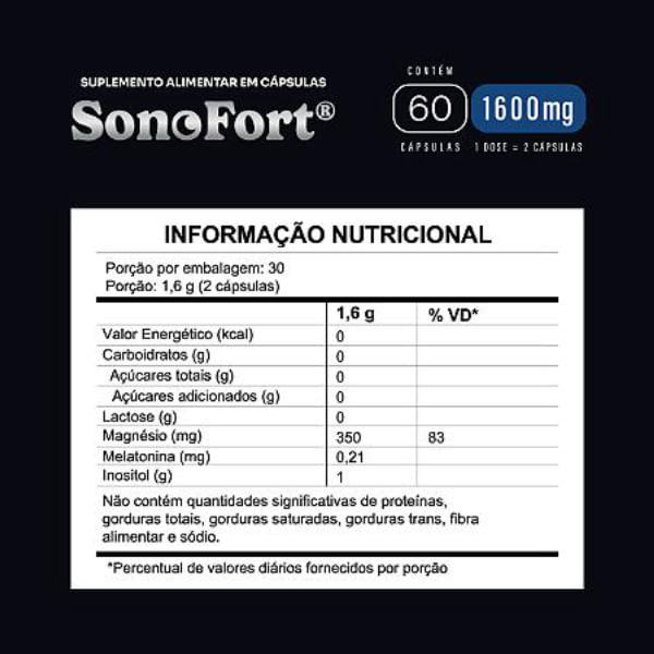 Encontraproduto.com.br - Sonofort 1600 mg - Inositol + Melatonina + Dimalato - 60 Cápsulas - FortLife