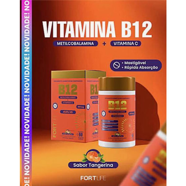 Encontraproduto.com.br - Vitamina B12 + Vitamina C - 60 Comprimidos Sabor Tangerina - FortLife