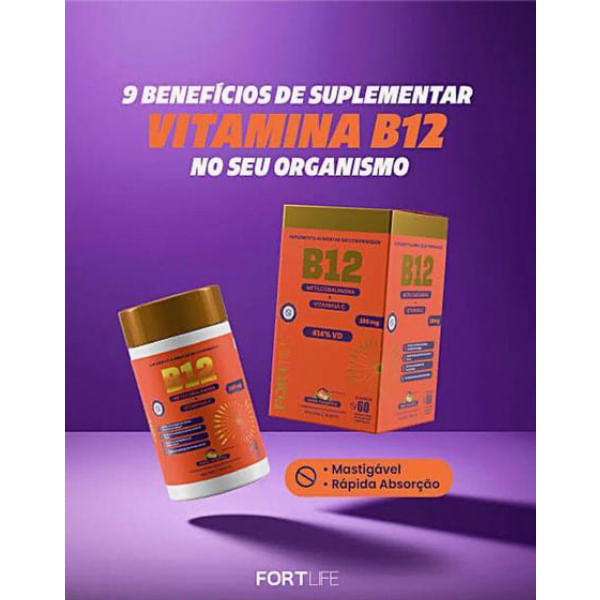 Encontraproduto.com.br - Vitamina B12 + Vitamina C - 60 Comprimidos Sabor Tangerina - FortLife