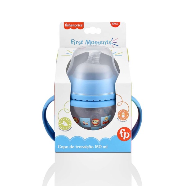 Encontraproduto.com.br - Copo de Transição First Moments + Bico Extra + Alça Removível 150 ml Azul Fisher Price - BB1055OUT [Reembalado]