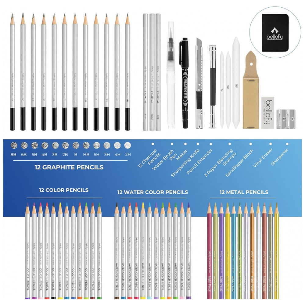 Encontraproduto.com.br - Kit Lápis de Cor Profissional com Estojo 72 peças Tintas Acrílicas, Aquarela, BELLOFY, Preto