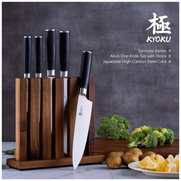 Encontraproduto.com.br - Conjunto de Facas em Aço Inoxidável com Bloco de Bancada, 6 Peças, KYOKU SAMURAI SERIES, Preto