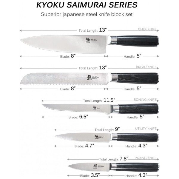 Encontraproduto.com.br - Conjunto de Facas em Aço Inoxidável com Bloco de Bancada, 6 Peças, KYOKU SAMURAI SERIES, Preto