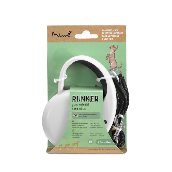 Encontraproduto.com.br - Guia Retrátil Mimo Conceito Runner Emborrachada Fita 3M até 8kgs Tam. PP Branco Mimo - PP030OUT [Reembalado]