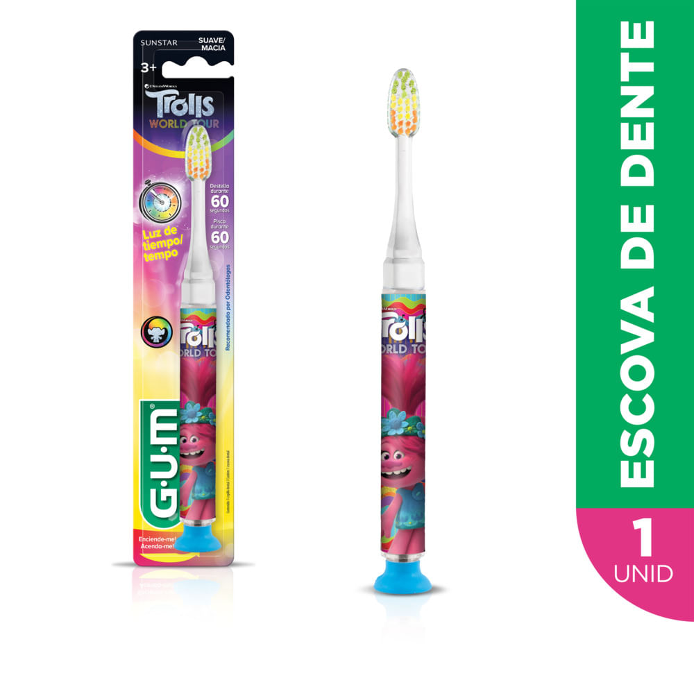 Encontraproduto.com.br - Escova Dental Infantil que Pisca GUM Trolls 1 Unidade
