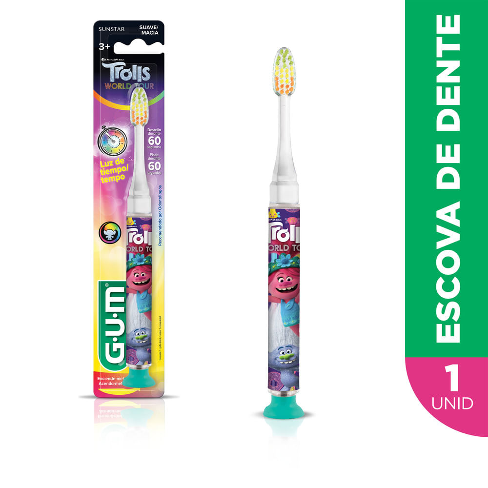 Encontraproduto.com.br - Escova Dental Infantil que Pisca GUM Trolls 1 Unidade