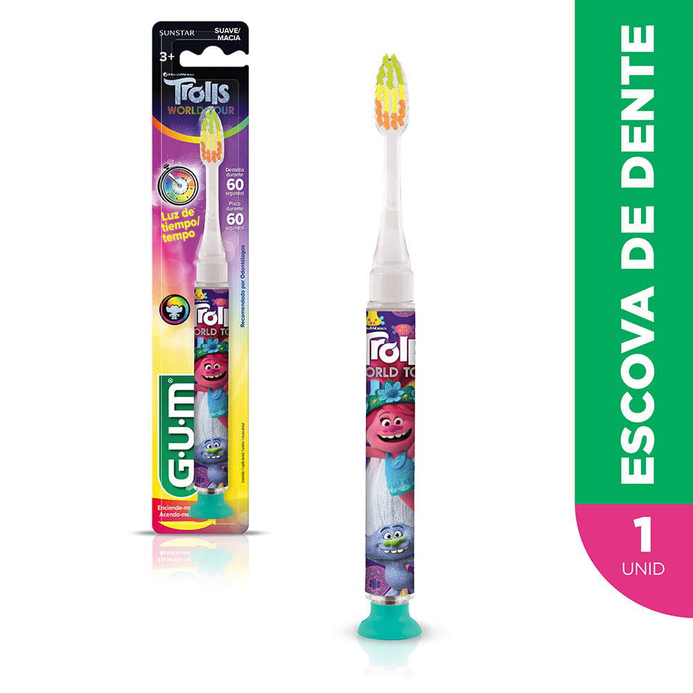 Encontraproduto.com.br - Escova Dental Infantil que Pisca GUM Trolls 1 Unidade