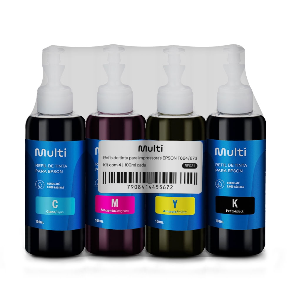 Encontraproduto.com.br - Kit Refil de Tinta para Impressoras Epson com 4 Cores T664 100ml Multi - RF031OUT [Reembalado]