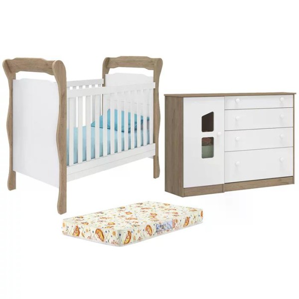 Encontraproduto.com.br - Berço Mini Cama 773 E Comoda 2644 Amore Carvalho Rustico Branco Com Colchao Qmovi