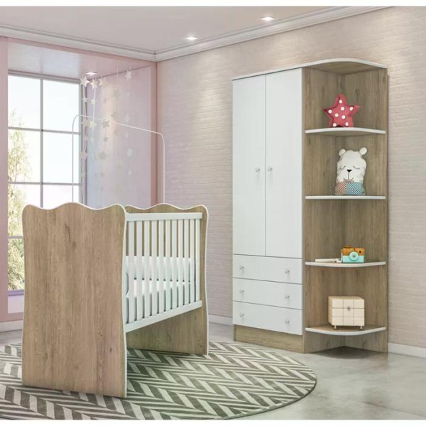 Encontraproduto.com.br - Berço Simples 1 E Guarda Roupa 825 Doce Sonho Carvalho Rustico Branco Com Colchao Qmovi