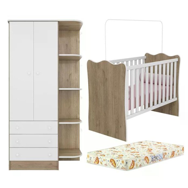 Encontraproduto.com.br - Berço Simples 1 E Guarda Roupa 825 Doce Sonho Carvalho Rustico Branco Com Colchao Qmovi
