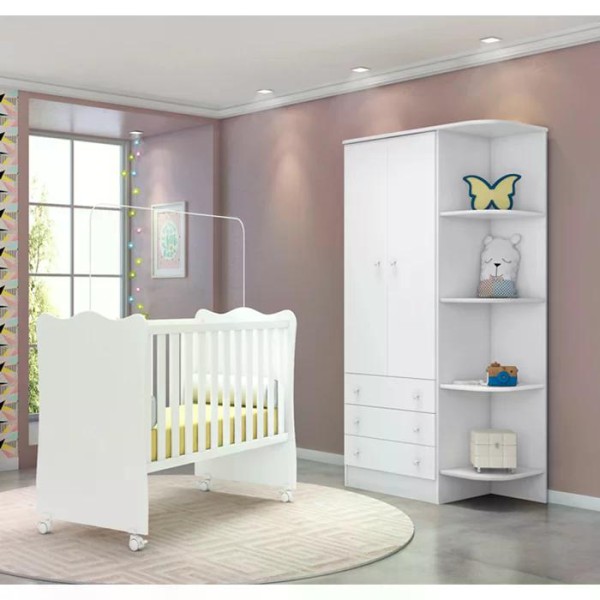Encontraproduto.com.br - Berço Simples 1 E Guarda Roupa 825 Doce Sonho Branco Com Colchao E Rodizios Qmovi