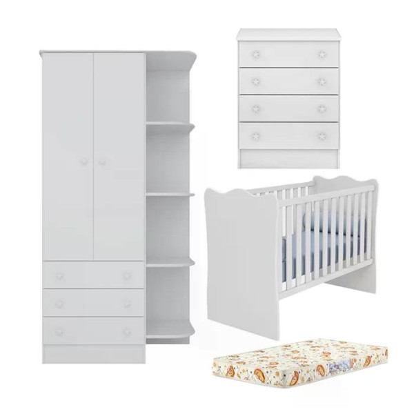 Encontraproduto.com.br - Quarto Infantil 03 Peças Doce Sonho 1X777X825 Branco Com Colchao Qmovi